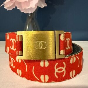 Chanel red denim gold buckle belt